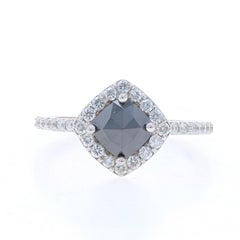 White Gold Black Diamond Halo Engagement Ring - 14k Cushion Rose 1.37ctw Treated