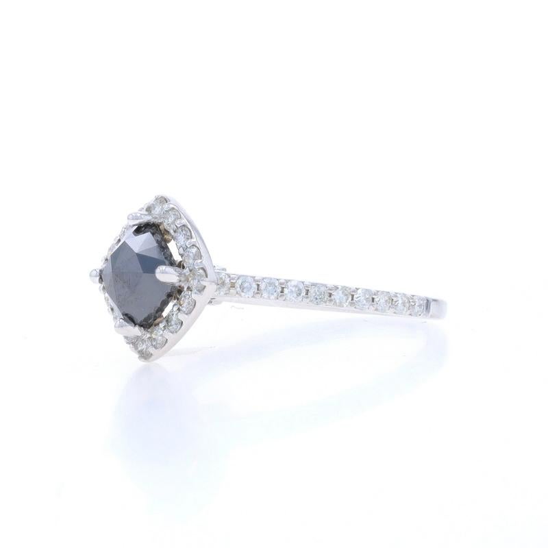 Anillo de compromiso de oro blanco con halo de diamantes negros - 14k Cushion Rose 1.37ctw Tratado en Excelente estado para la venta en Greensboro, NC