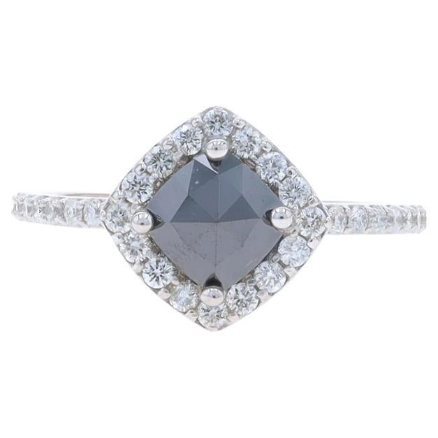 Anillo de compromiso de oro blanco con halo de diamantes negros - 14k Cushion Rose 1.37ctw Tratado en venta