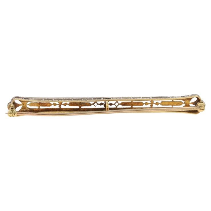 Oro Blanco Esmalte Negro Art Deco Broche Barra 14k Floral Vintage Filigrana Milgrain en venta