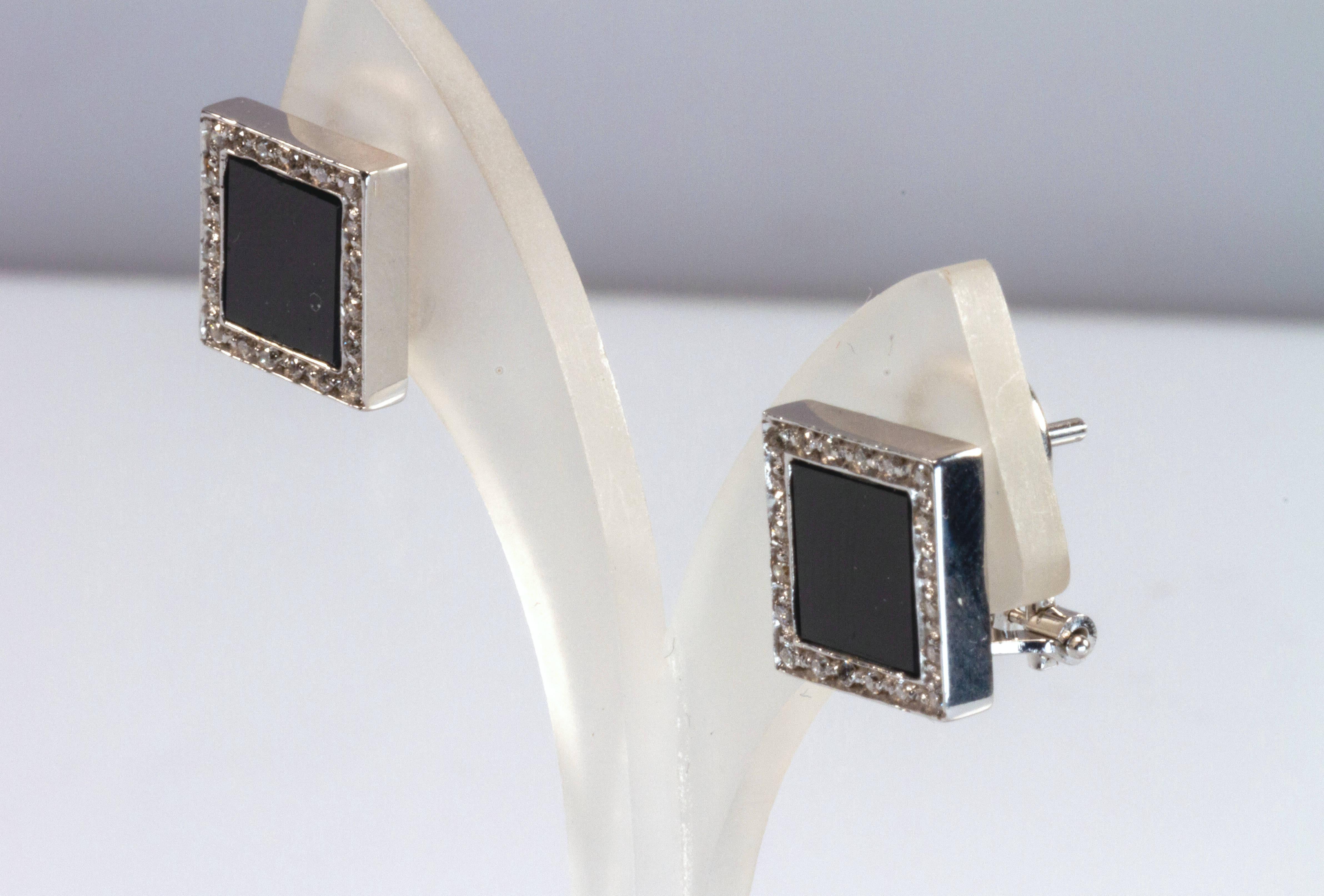 Modern White Gold 18k Black Onyx and Diamond Earrings