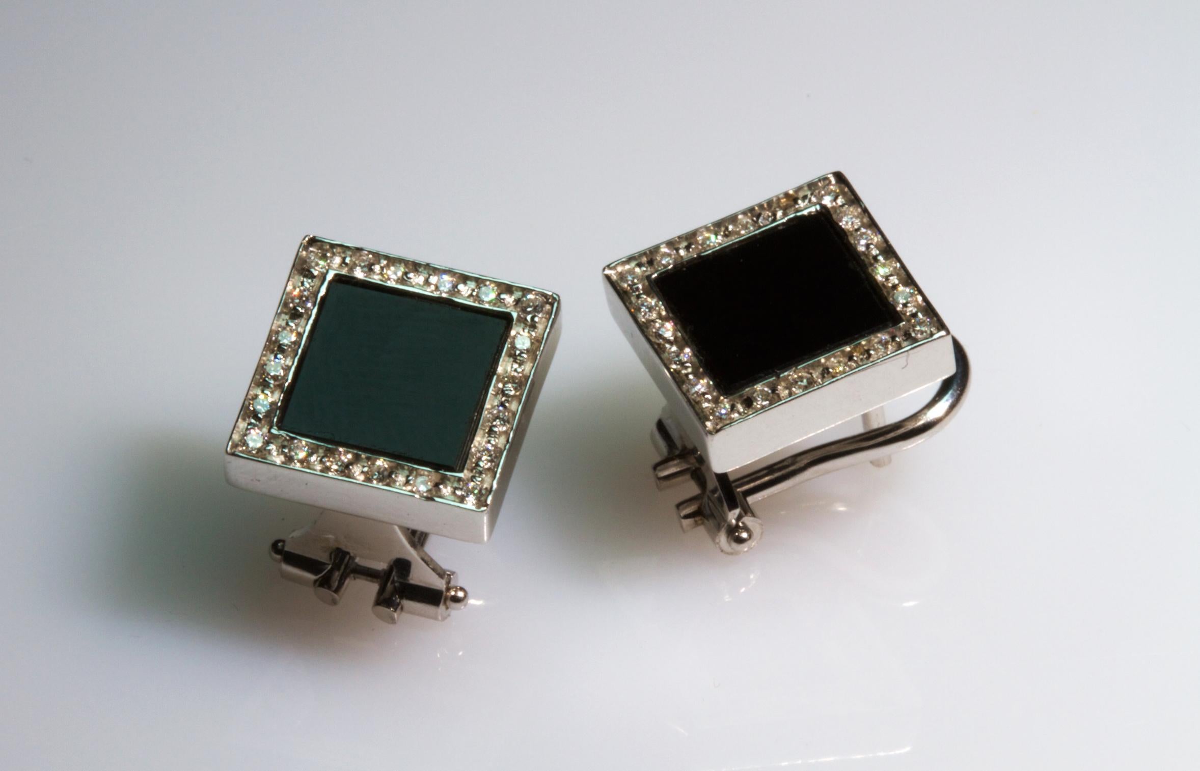 Square Cut White Gold 18k Black Onyx and Diamond Earrings