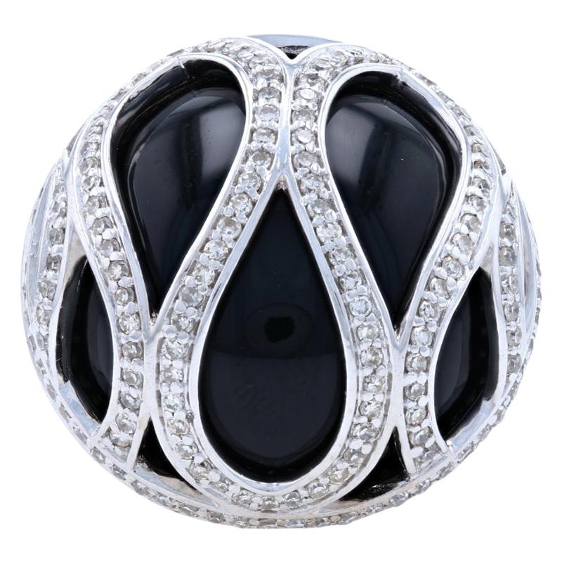 White Gold Black Onyx and Diamond Ring, 14 Karat Single Cut 1.00 Carat For Sale