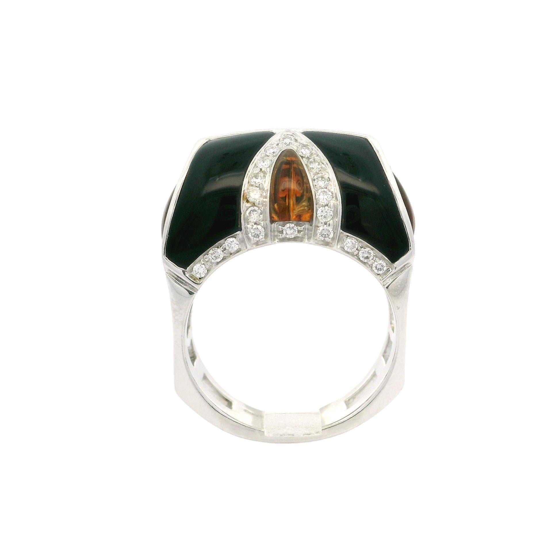 Taglio rotondo Anello unico in oro bianco con onice nero, citrino e diamante da 0,60 carati, a lavorazione aperta in vendita