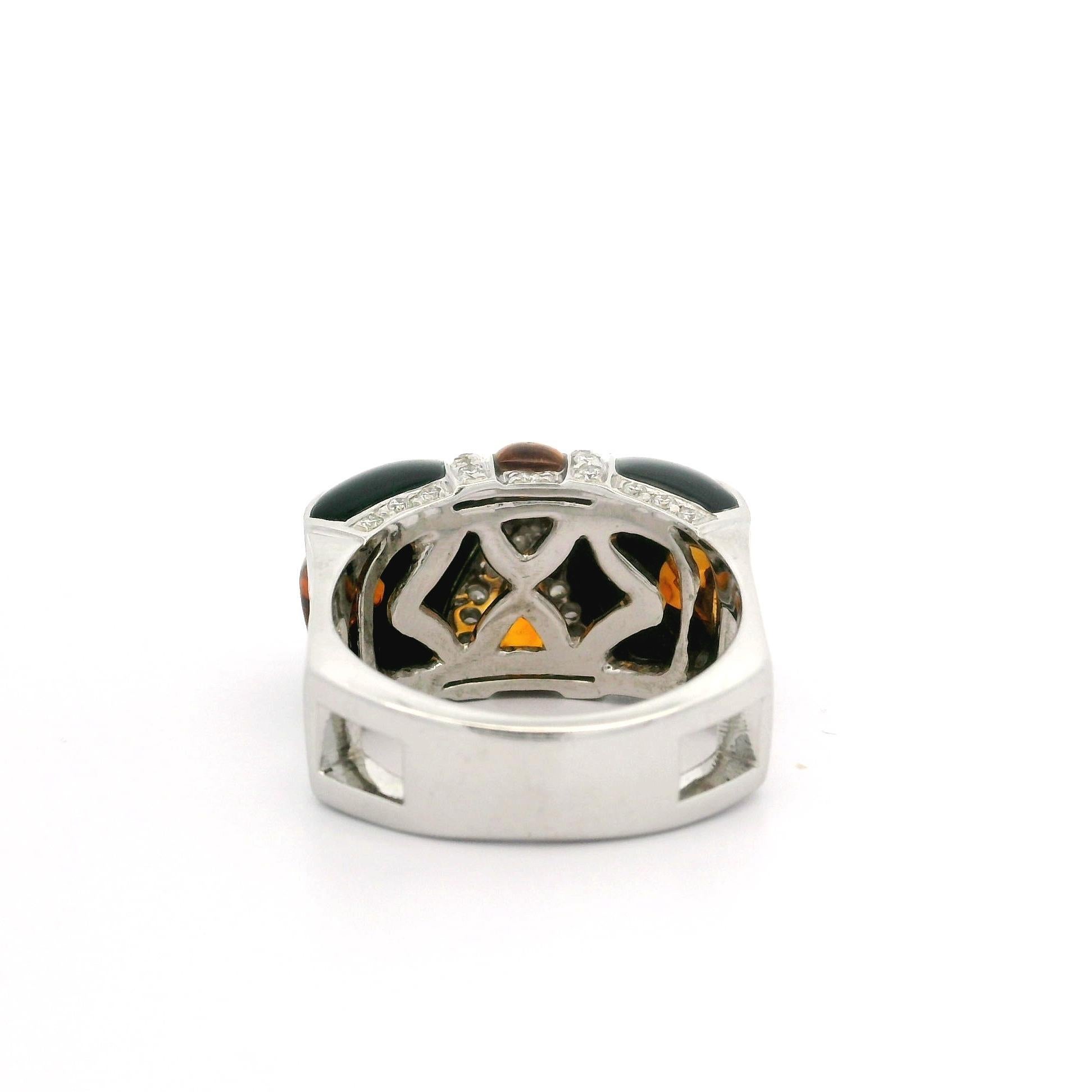 Anello unico in oro bianco con onice nero, citrino e diamante da 0,60 carati, a lavorazione aperta in vendita 1