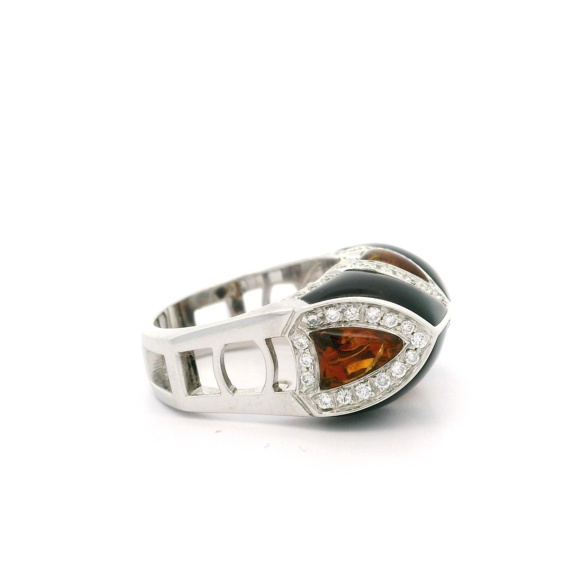 Anello unico in oro bianco con onice nero, citrino e diamante da 0,60 carati, a lavorazione aperta in vendita 2