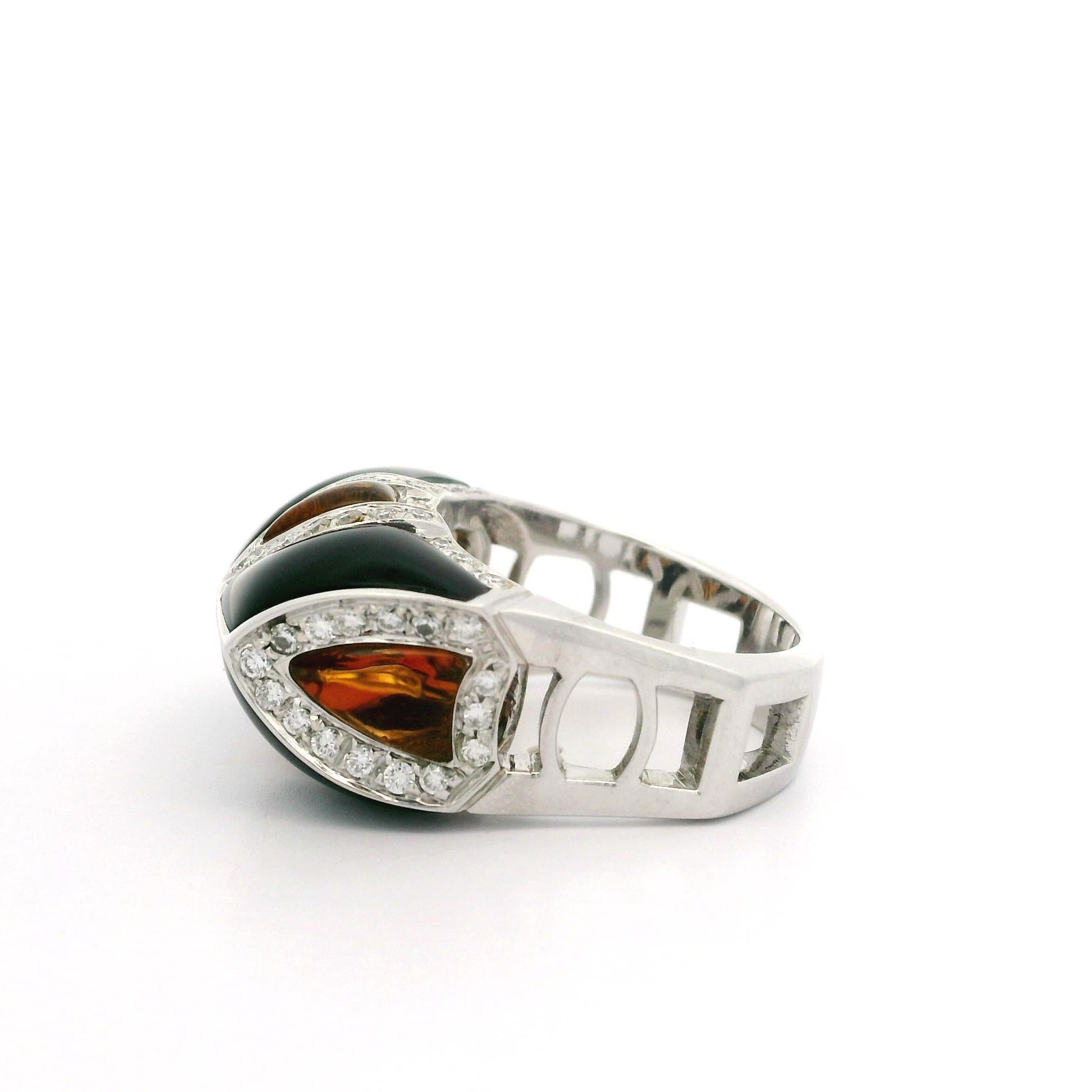 Anello unico in oro bianco con onice nero, citrino e diamante da 0,60 carati, a lavorazione aperta in vendita 3
