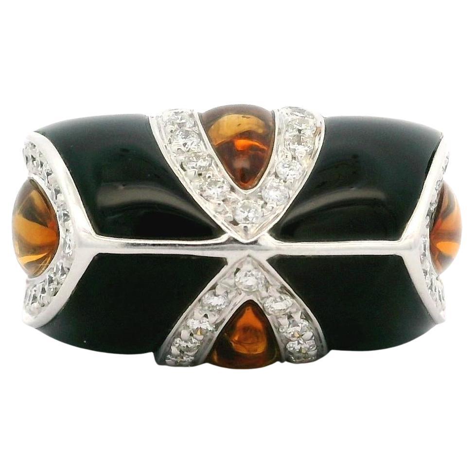 White Gold Black Onyx Citrine & 0.60ctw Diamond Open Work Unique Band Ring