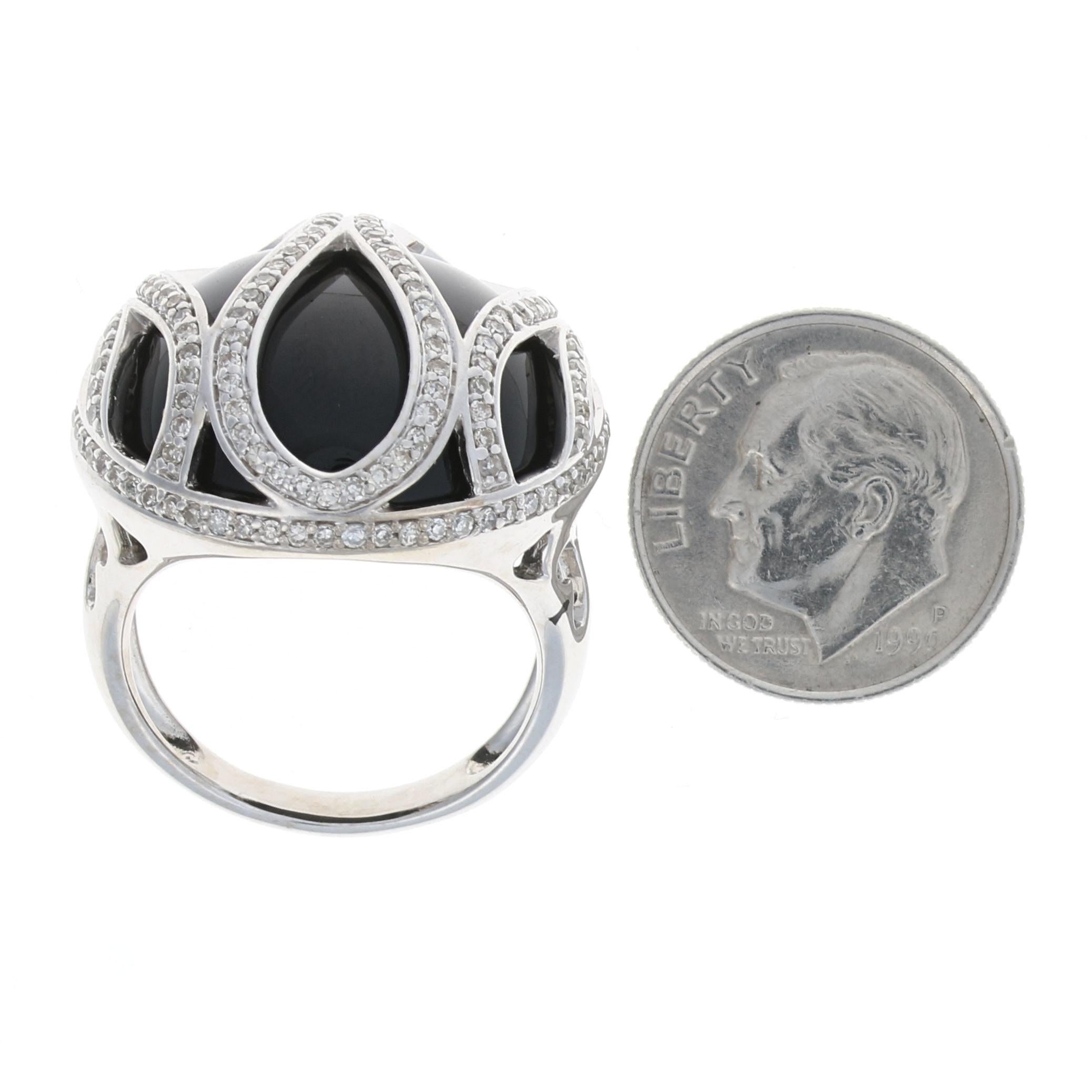 White Gold Black Onyx and Diamond Ring, 14 Karat Single Cut 1.00 Carat For Sale 1
