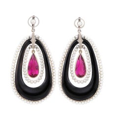 Antique White Gold, Black Onyx, Rubellite and Seed Pearl Pendant Clip-On Earrings