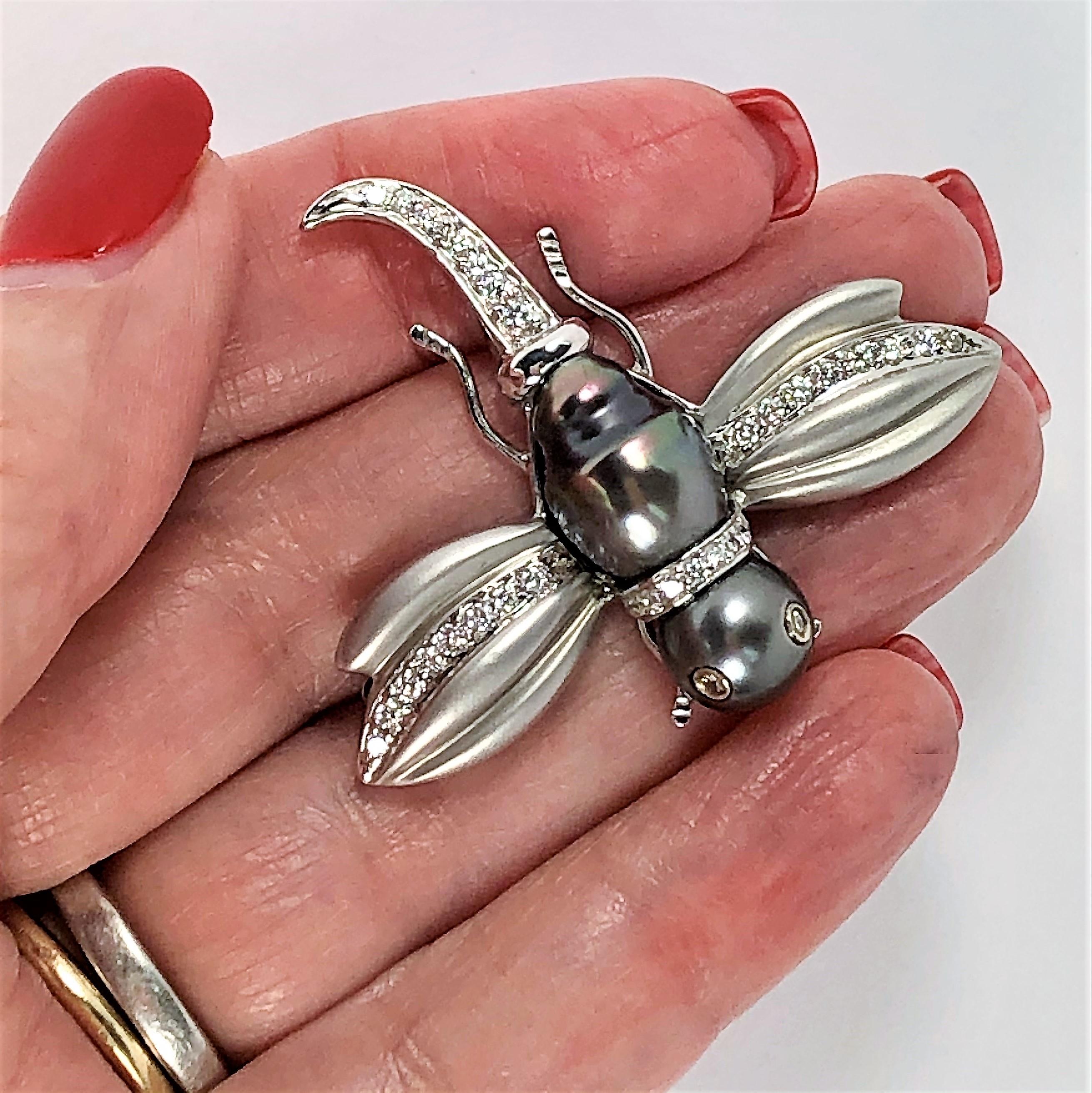 White Gold Black Pearl and Diamond Flying Insect Brooch 4