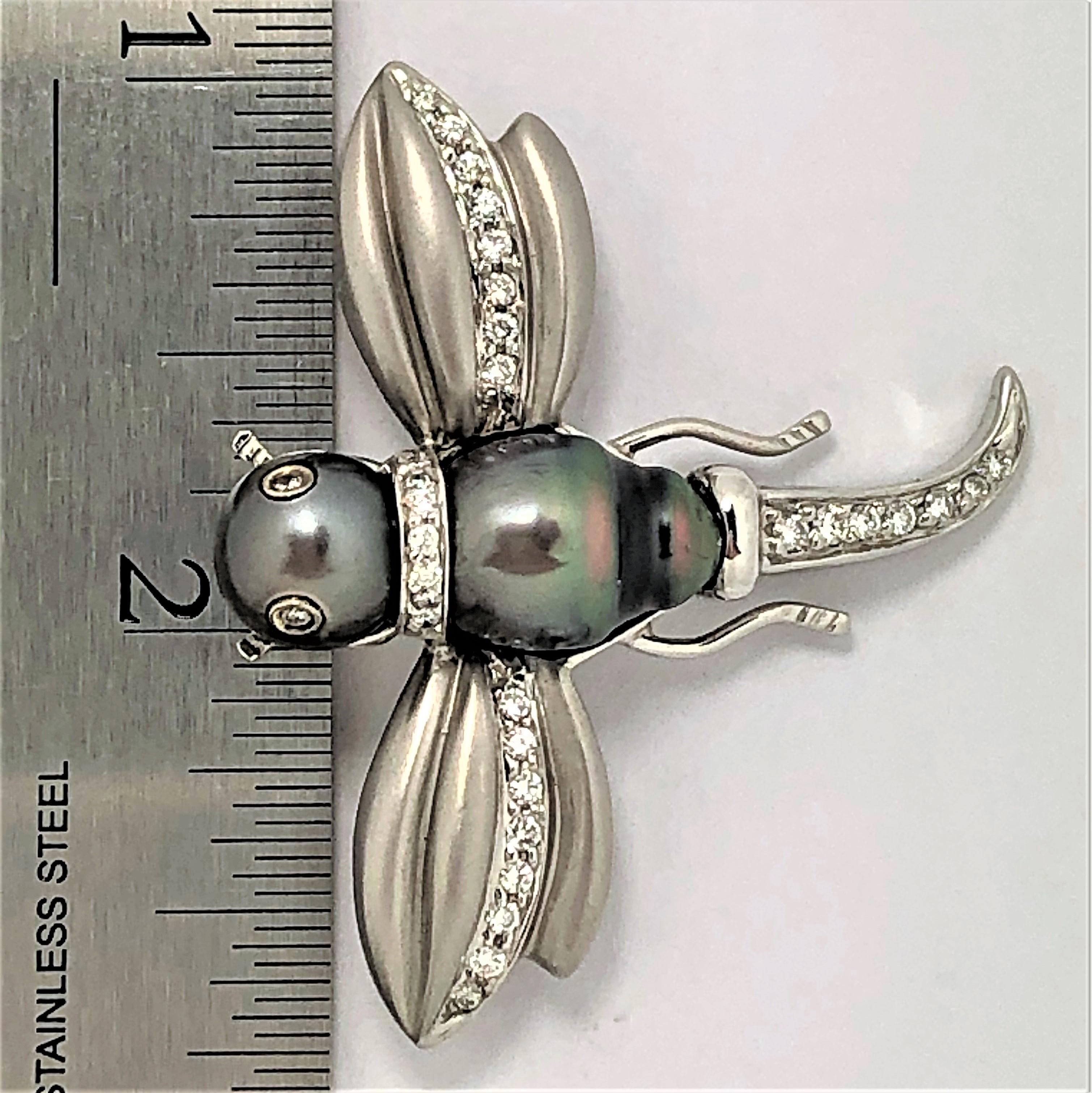 White Gold Black Pearl and Diamond Flying Insect Brooch 5