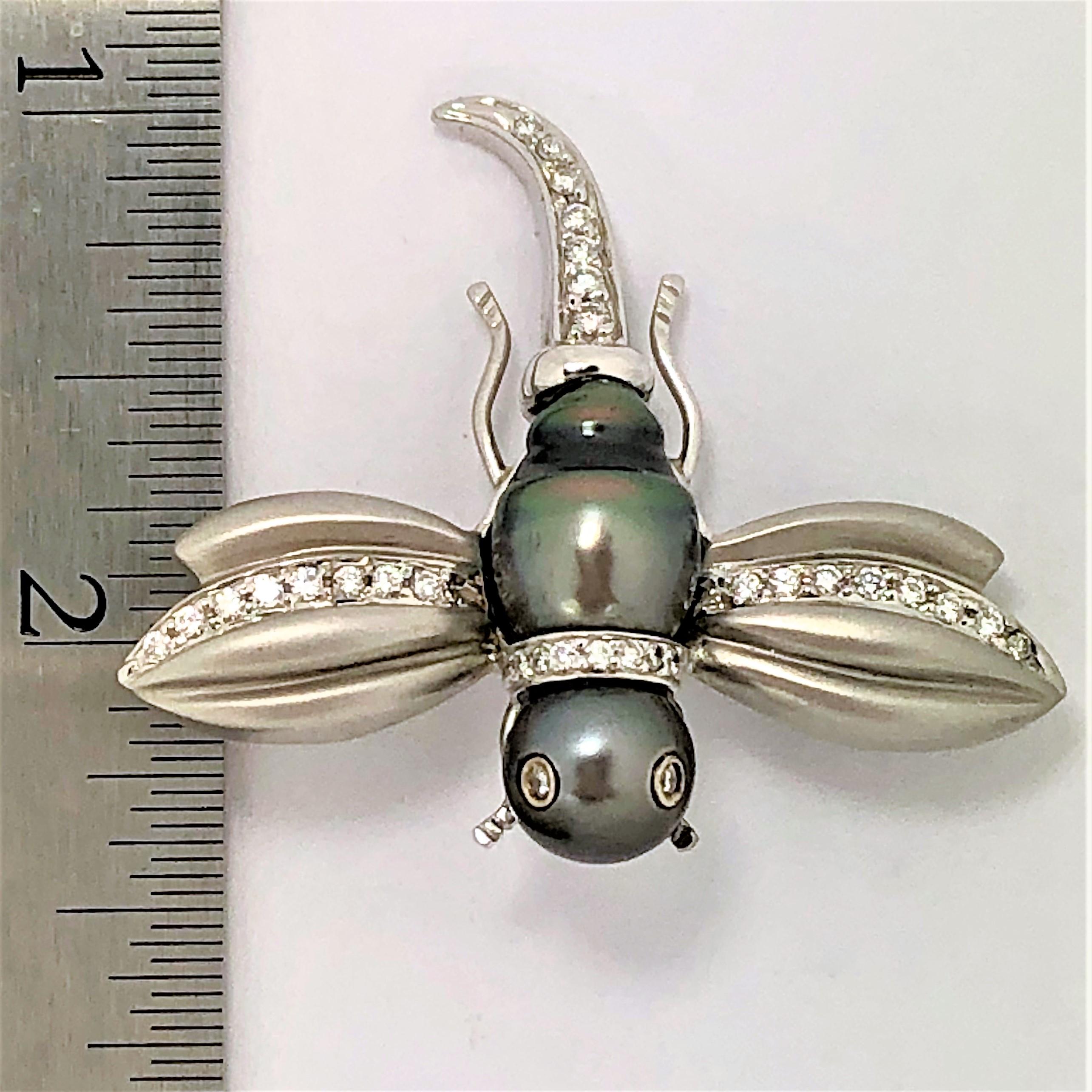 White Gold Black Pearl and Diamond Flying Insect Brooch 6