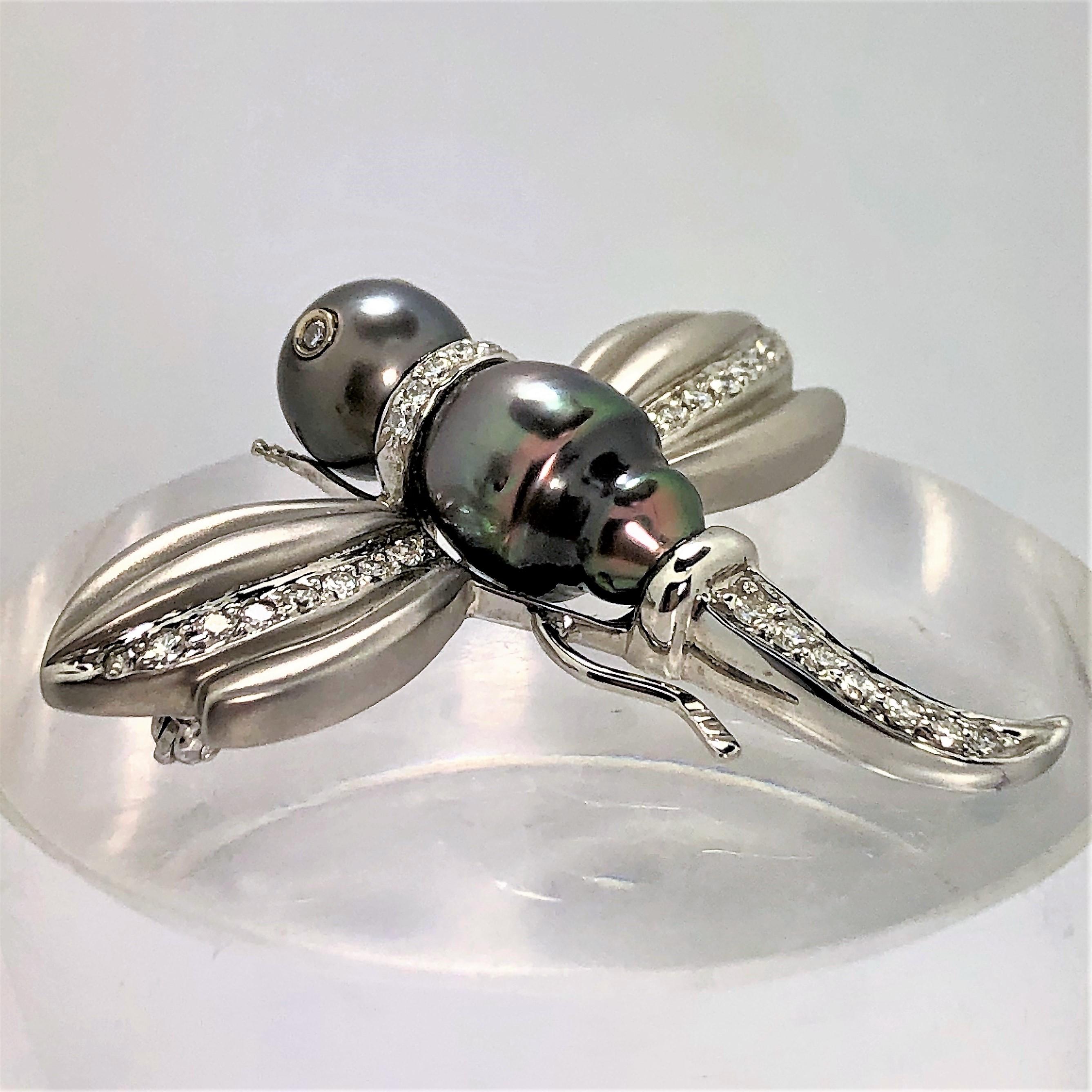 Brilliant Cut White Gold Black Pearl and Diamond Flying Insect Brooch