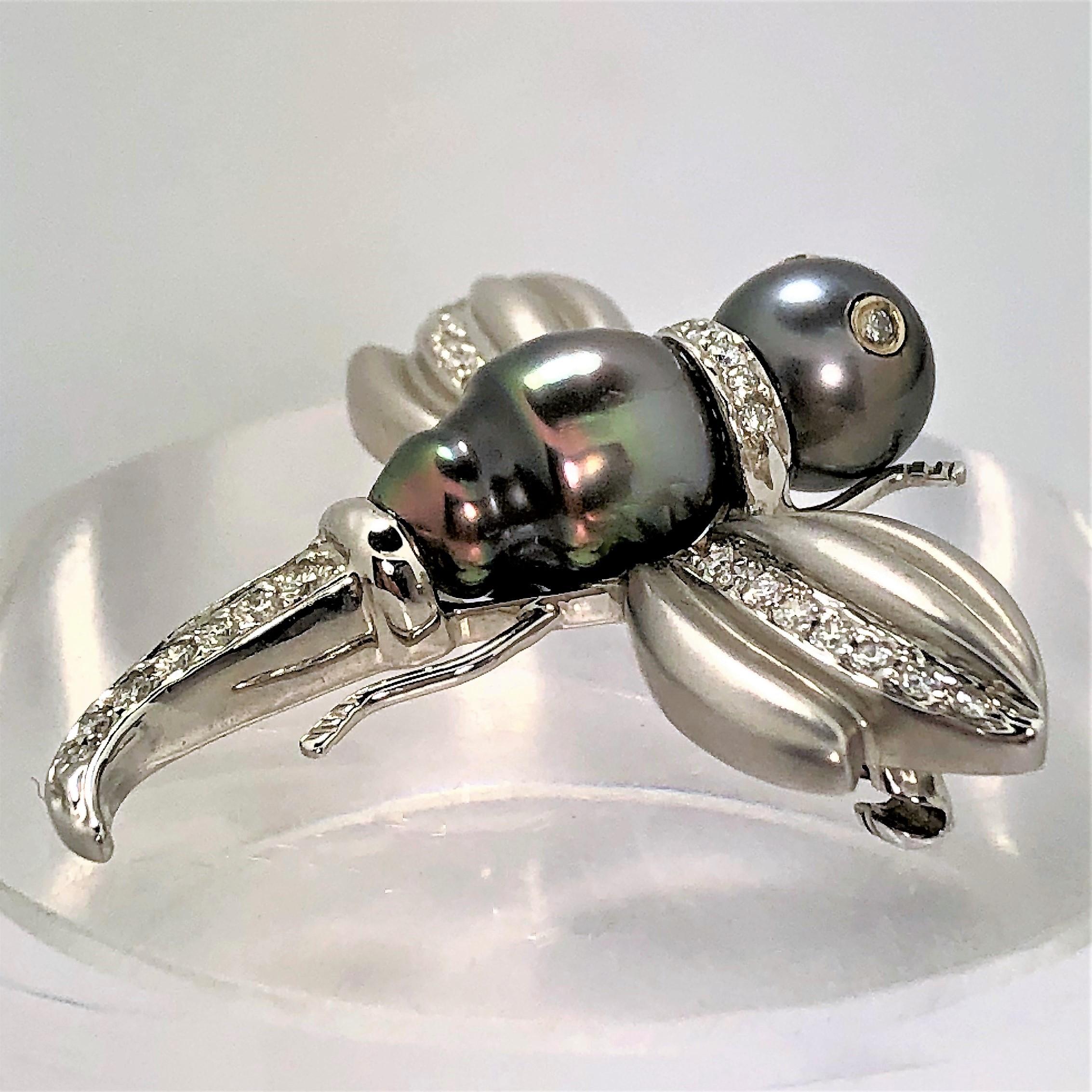 Women's White Gold Black Pearl and Diamond Flying Insect Brooch