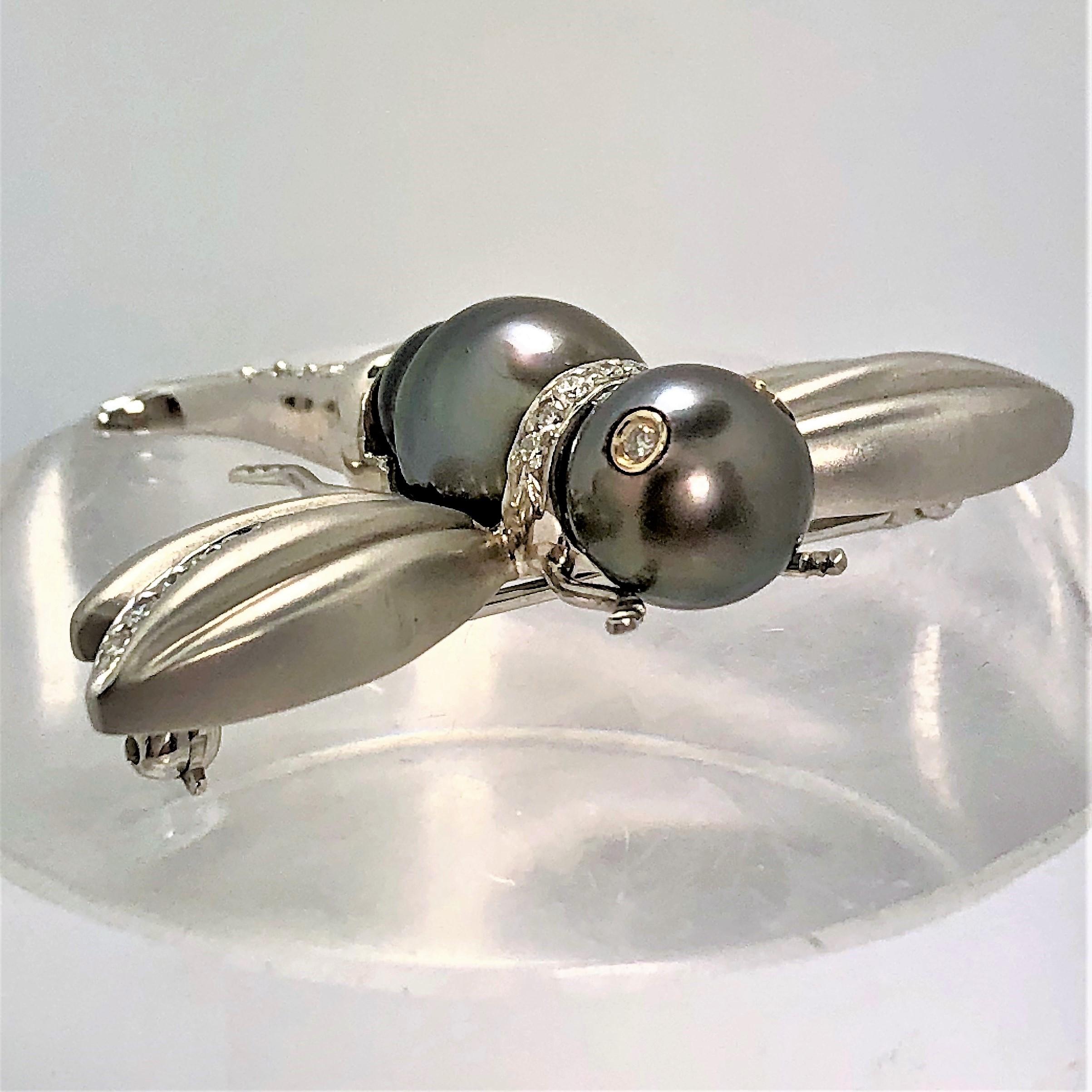 White Gold Black Pearl and Diamond Flying Insect Brooch 2