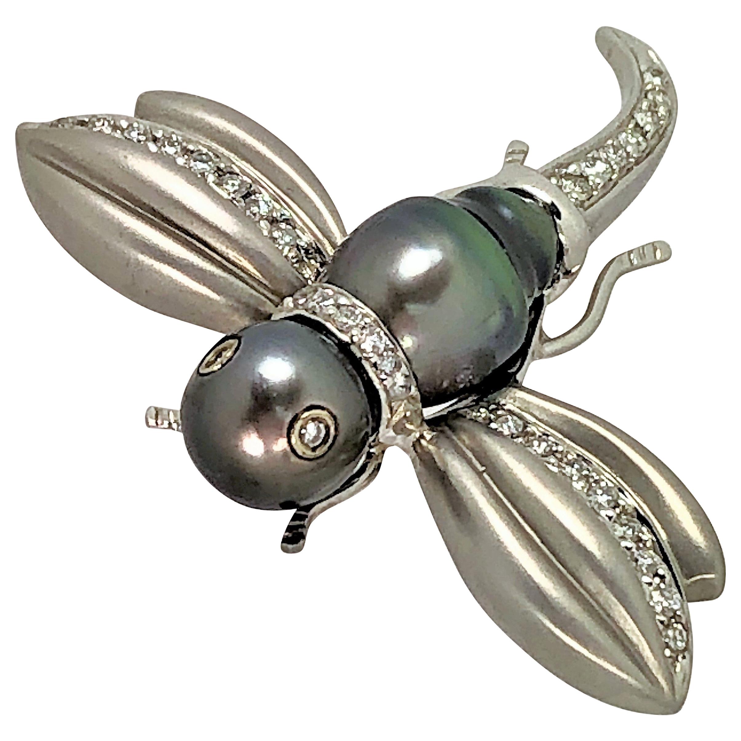 White Gold Black Pearl and Diamond Flying Insect Brooch