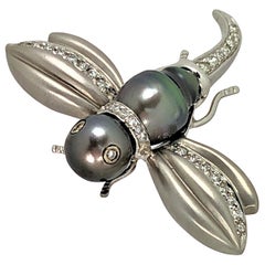 White Gold Black Pearl and Diamond Flying Insect Brooch