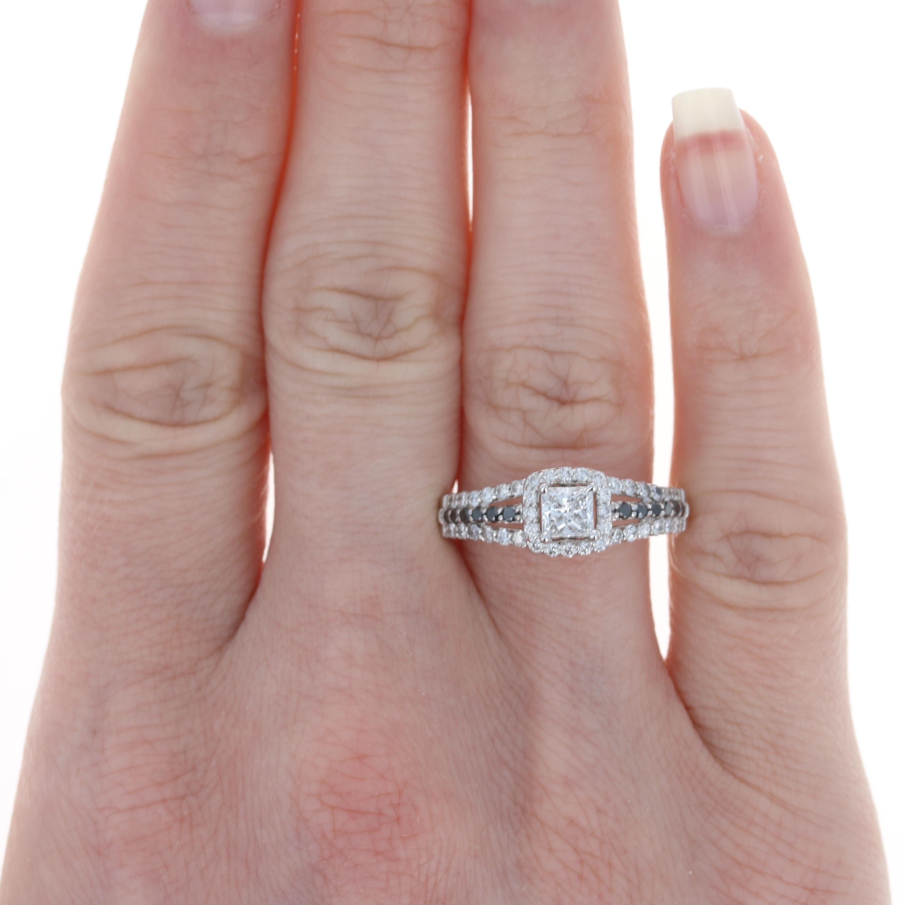 For Sale:  White Gold Black & White Diamond Halo Engagement Ring, 14k Princess Cut 1.14ctw 2