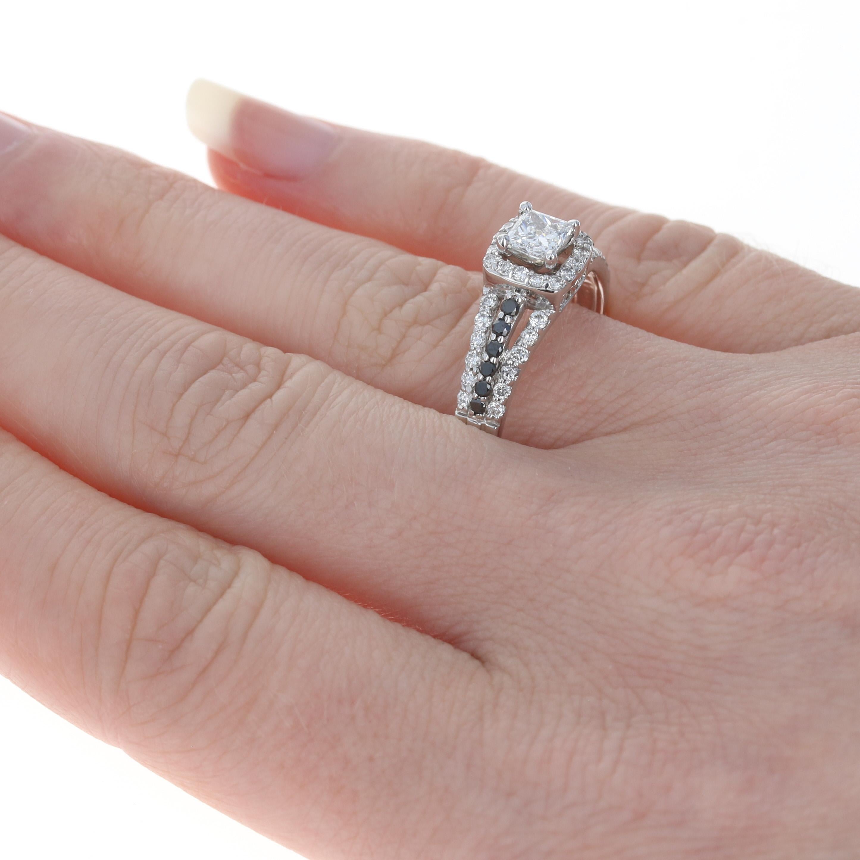 For Sale:  White Gold Black & White Diamond Halo Engagement Ring, 14k Princess Cut 1.14ctw 4
