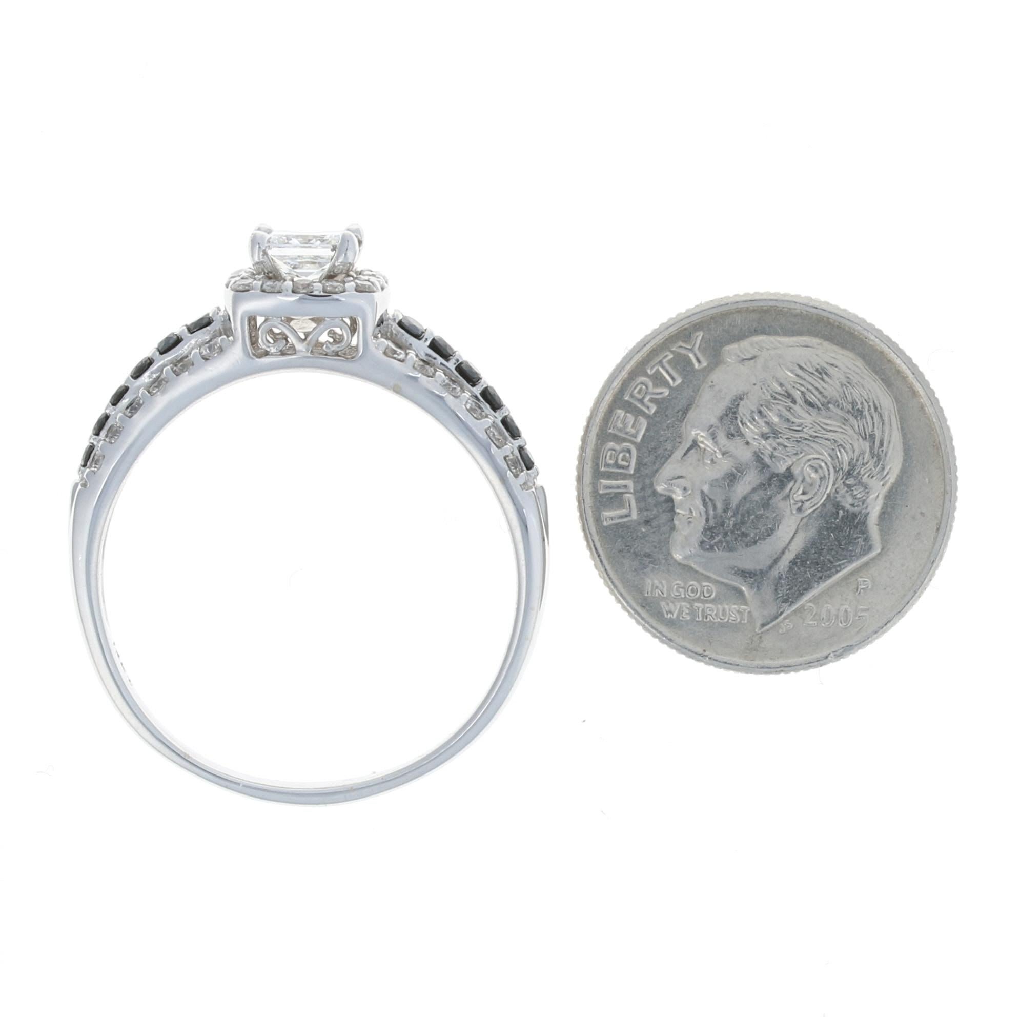 For Sale:  White Gold Black & White Diamond Halo Engagement Ring, 14k Princess Cut 1.14ctw 5