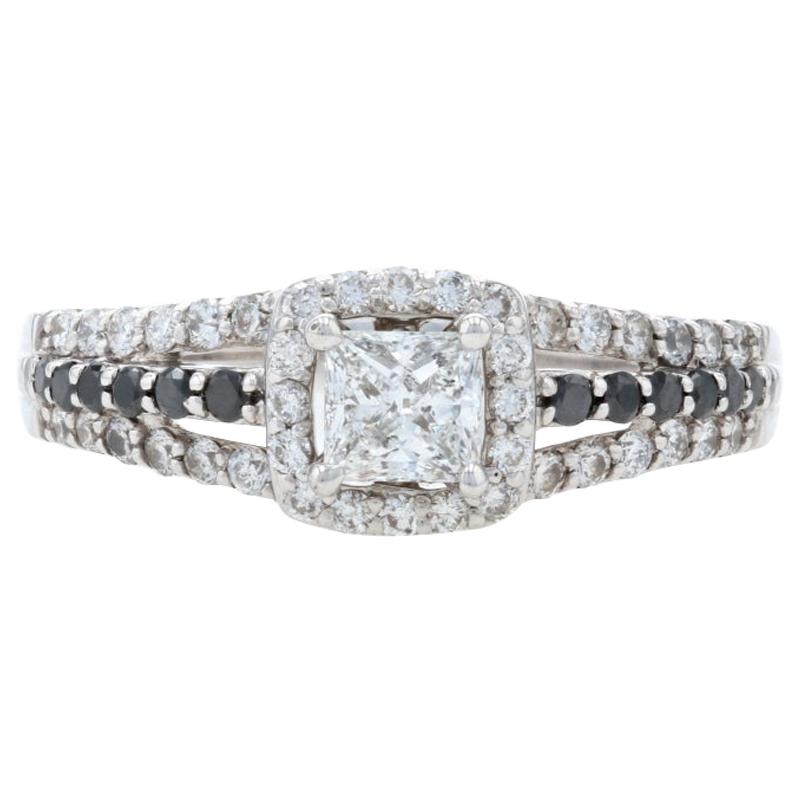 White Gold Black & White Diamond Halo Engagement Ring, 14k Princess Cut 1.14ctw