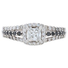 White Gold Black & White Diamond Halo Engagement Ring, 14k Princess Cut 1.14ctw