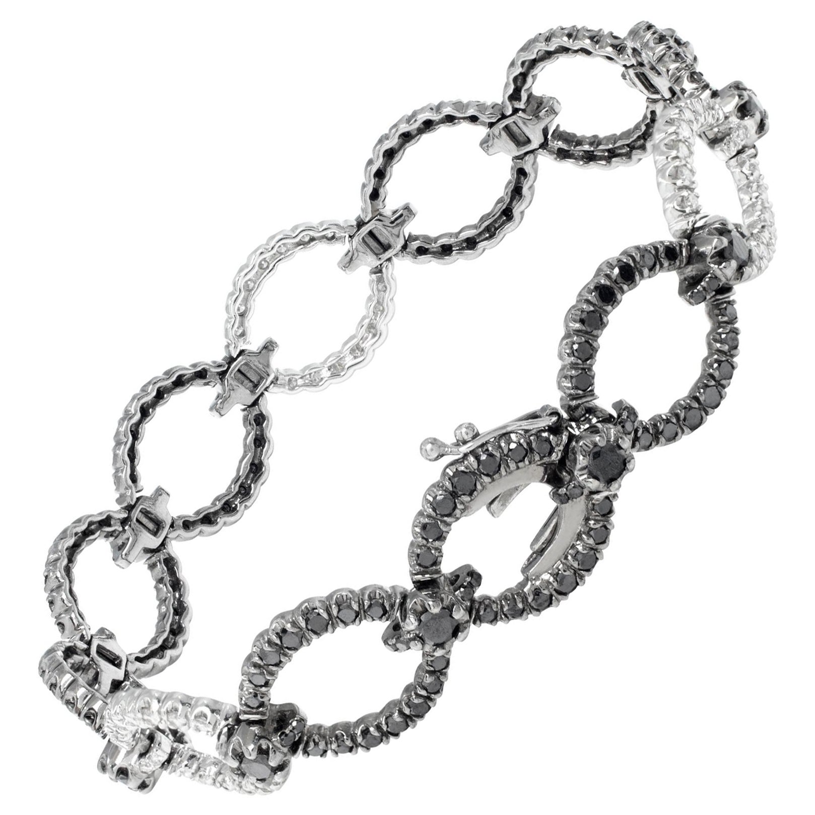 Bracciale a maglie ovali con diamanti bianchi e neri in oro bianco