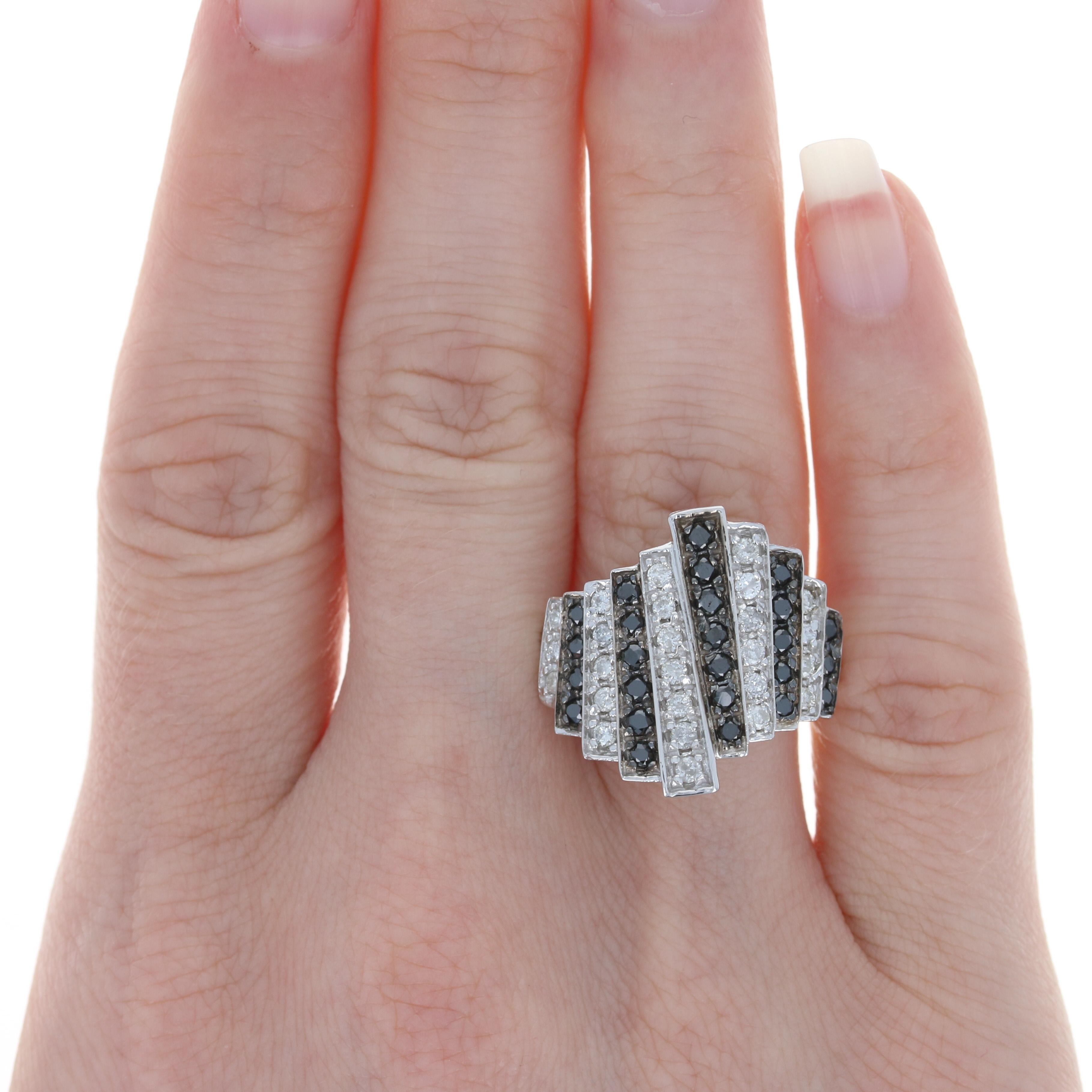 For Sale:  White Gold Black & White Diamond Stripe Bypass Ring, 14k Round Brilliant 1.00ctw 2
