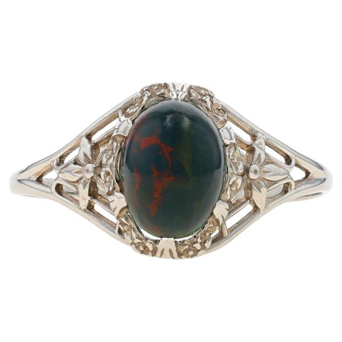 White Gold Bloodstone Art Deco Solitaire Ring -10k Oval Cabochon Flowers Vintage