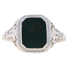 Art Deco Solitär-Ring aus Weißgold mit Blutstein - 14k rechteckiger filigraner Vintage Filigraner