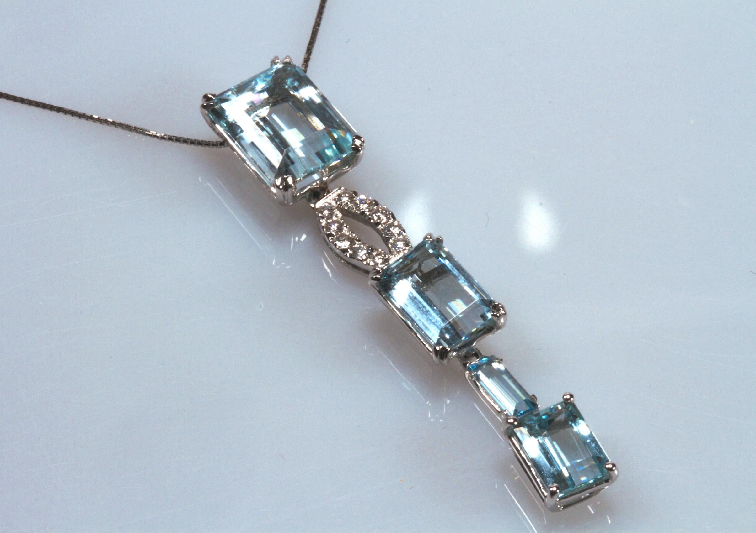 Mixed Cut White Gold 18k , Blue Aquamarine and Diamond Drop Necklace