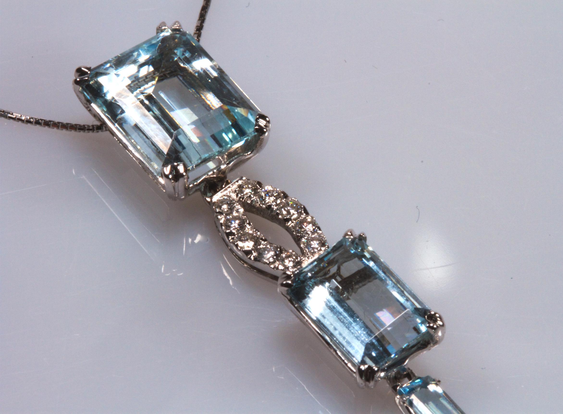 Women's White Gold 18k , Blue Aquamarine and Diamond Drop Necklace