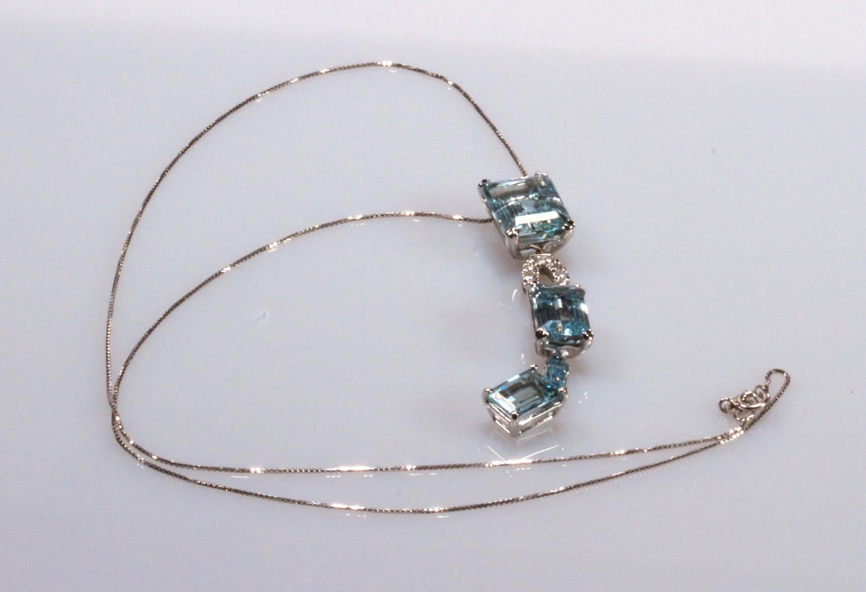 White Gold 18k , Blue Aquamarine and Diamond Drop Necklace 1