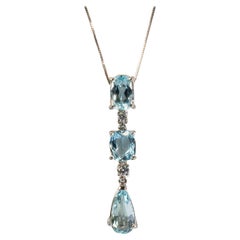 White Gold Blue Aquamarine and Diamond Drop Necklace
