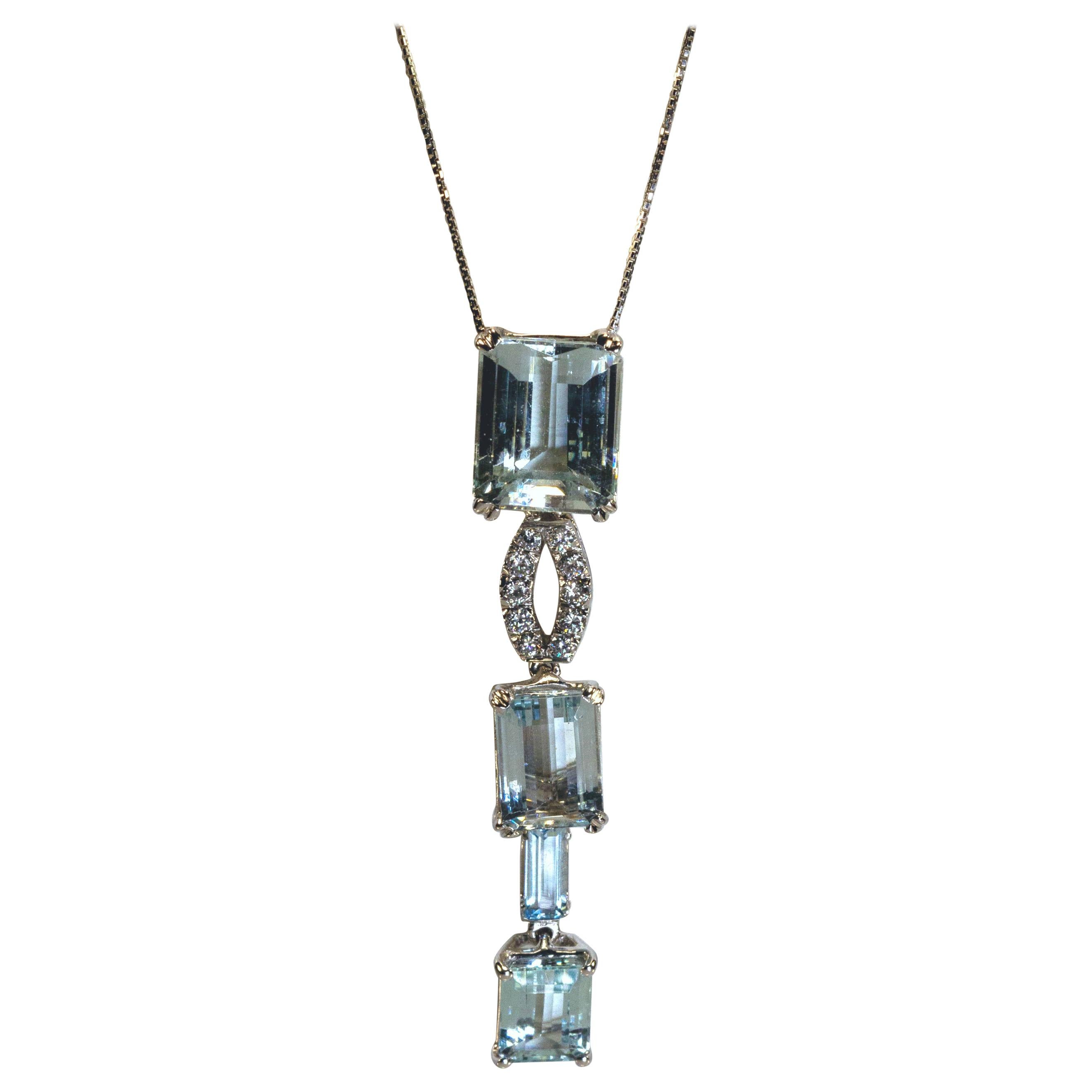 White Gold 18k , Blue Aquamarine and Diamond Drop Necklace