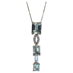 White Gold 18k , Blue Aquamarine and Diamond Drop Necklace