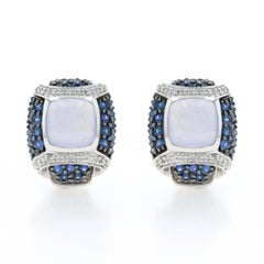 White Gold Blue Chalcedony Sapphire Diamond Lg Stud Earrings 14k Sq Cab 11.48ctw
