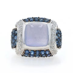 White Gold Blue Chalcedony Sapphire Diamond Ring - 14k Square Cabochon 10.14ctw