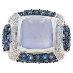 White Gold Blue Chalcedony Sapphire Diamond Ring - 14k Square Cabochon 10.14ctw