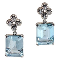 White Gold 18k Blue Rectangular Aquamarine and Diamond Earrings
