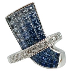 White Gold Blue Sapphire and Diamond Geometric Cocktail Ring, 2005
