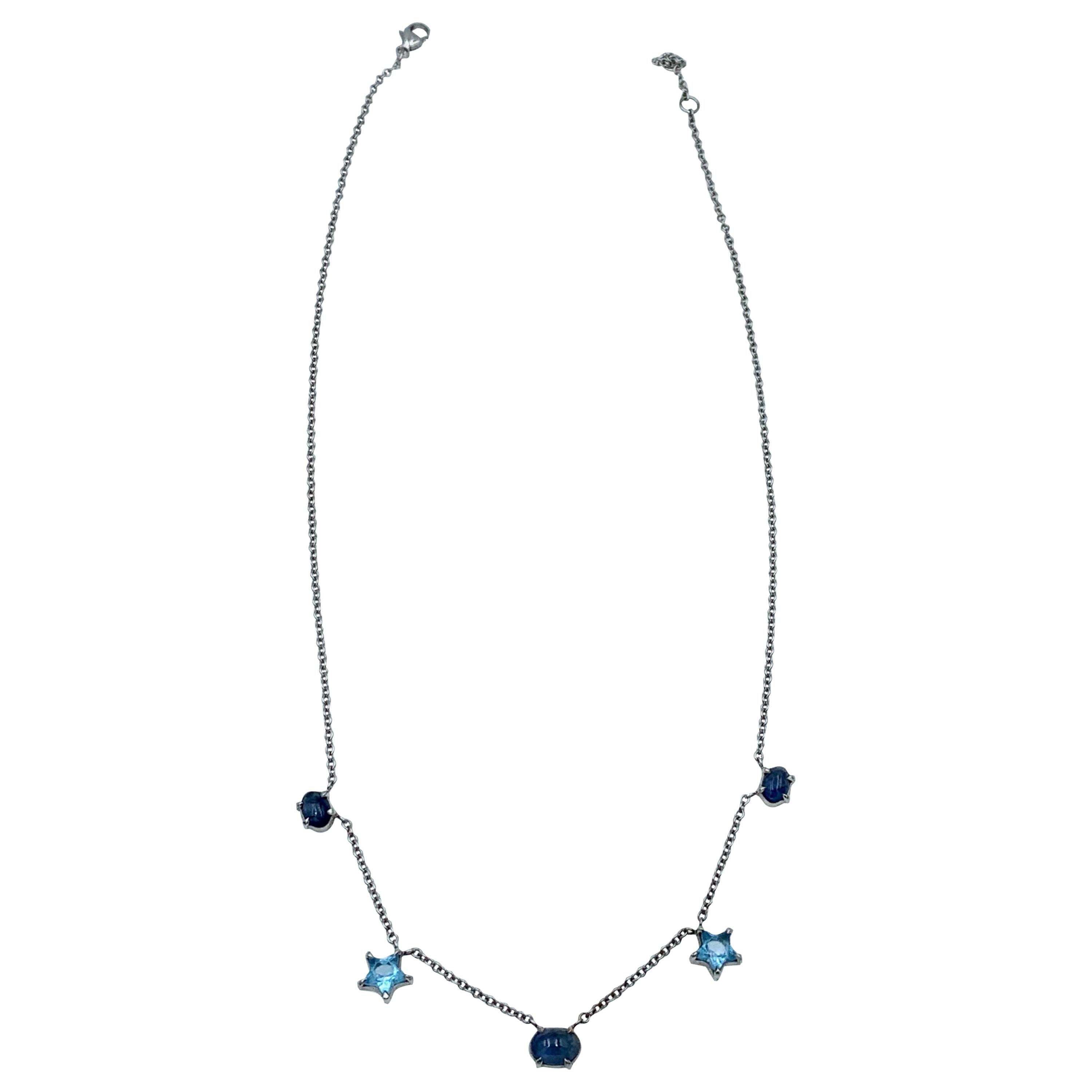 White Gold Blue Sapphire Cabochon and Blue Topaz Stars Chain Choker Necklace