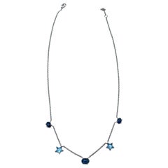 White Gold Blue Sapphire Cabochon and Blue Topaz Stars Chain Choker Necklace