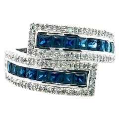 White Gold Blue Sapphire Diamond Bypass Ring, 14k Invisible Set