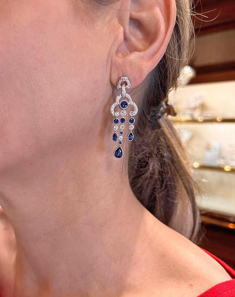 Brilliant Cut White Gold Blue Sapphire Diamond Chandelier Earrings