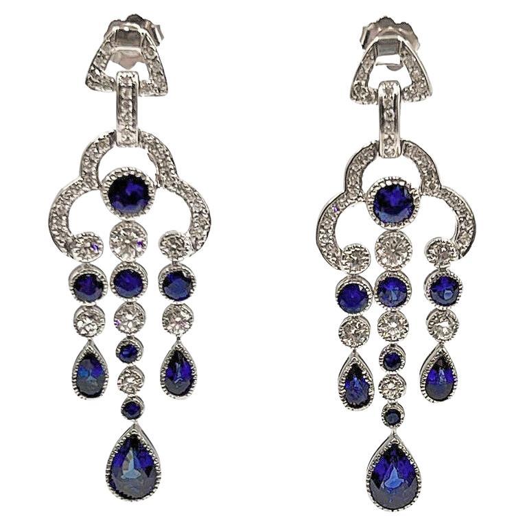 White Gold Blue Sapphire Diamond Chandelier Earrings