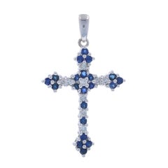 White Gold Blue Sapphire Diamond Cross Pendant - 14k Round .71ctw Faith