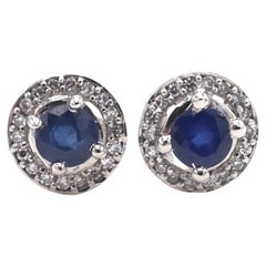 White Gold Blue Sapphire & Diamond Halo Stud Earrings