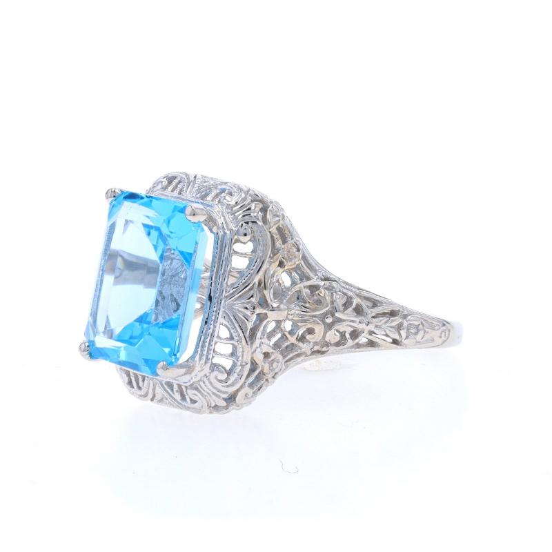 Weißgold Blauer Topas Cocktail Solitär-Ring - 14k Smaragdschliff 6,93 Karat Filigran Damen im Angebot